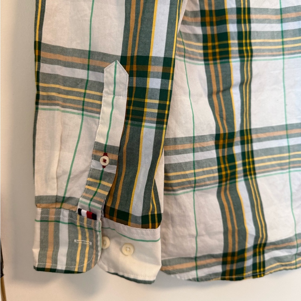 NWT Men’s L Tommy Hilfiger Fall Basics Button‎ Up Dress Shirt Green Plaid Long - Picture 4 of 14